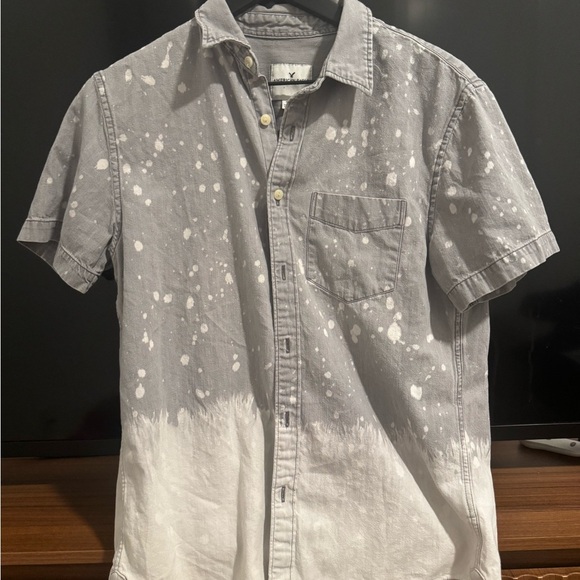 Gray Ombre Two Tone Vintage American Eagle Button Up Short Sleeve Street Shirt - Picture 2 of 4